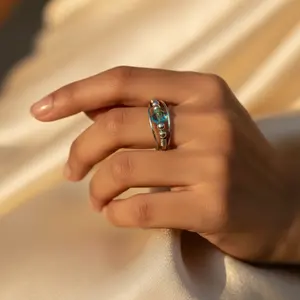 Bague tendance en argent plaqué or rose avec cristal bleu taille ovale pour femme, incrustation de pierres précieuses naturelles plaquées rhodium - Product Image 3