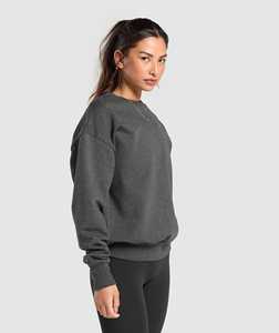 Women's Oversized Crewneck <b>Sweatshirt</b> 100% Cotton 350GSM Heavyweight Pullover Long Sleeve Solid Charcoal <b>Grey</b> Streetwear Top - Product Image 3