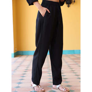 Breathable Wrinkled Wide-Leg Slub <b>Trousers</b> for Ladies <b>Elastic</b> <b>Waist</b> Mid-Rise Casual Pants - Product Image 1