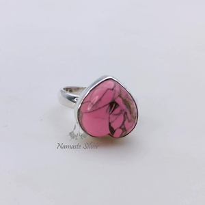 925 Sterling Silver Pink <b>Turquoise</b> <b>Ring</b> Handmade Inlay Birthstone Promise Jewelry Natural Pink Copper <b>Turquoise</b> Heart Shape - Product Image 1