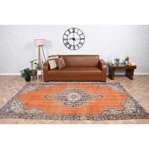 Tapis turc 5,6x9,6 pieds, tapis vintage en laine abstrait orange et bleu - Product Image 2