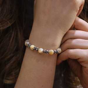 Mother-of-Pearl <b>Stone</b> <b>Bracelet</b> Elegant Silver Bangle with Dazzling <b>Gem</b> - Product Image 1