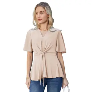 Women Bow-Knot Decorated Tops Casual Short Sleeve Elastic Waist A-Line Business Shirts Blouse For Women Tops