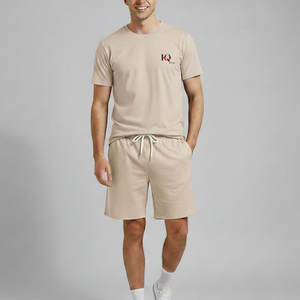 เสื้อยืดกางเกงขาสั้นผู้ชายชุดผ้าฝ้าย 100% น้ำหนักเบา ระบายอากาศได้ดี ผ้าแห้งเร็วสำหรับการออกกำลังกายวิ่งกีฬาฤดูร้อนลำลอง - Product Image 1