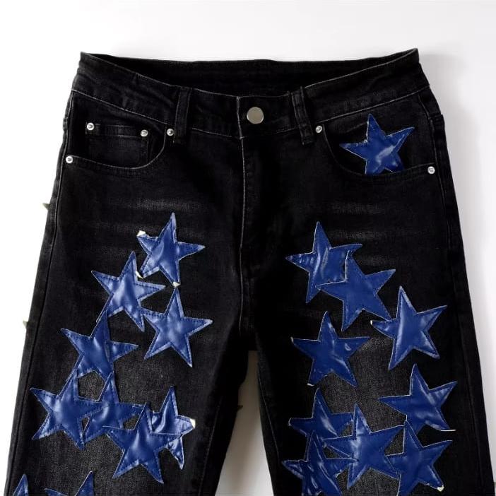 Custom Wholesale Blue Star Patch Denim Jeans Men Tapered Ripped