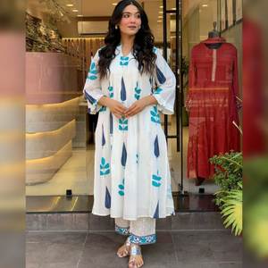 Conjunto de Salwar Kameez Tradicional para Mujer en Blanco y Azul, Tela de Algodón Puro, Bolsillos Laterales, Secado Rápido, para Todas las Temporadas, Adulto - Product Image 1