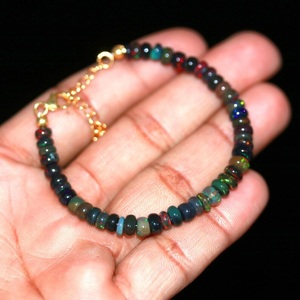 18K Gold Vermeil Smooth Rondelle Black Opal <b>Beads</b> <b>Bracelet</b> Natural Gemstone Fine Beaded Jewelry Personalized Gift for Her - Product Image 4