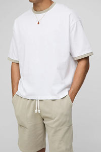 100% algodón 2 uds color block camiseta y shoret conjunto para hombre logotipo bordado personalizado cómodo streetwear 2 uds chándal para hombre - Product Image 3