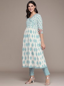 <b>women</b> ethnic Floral Printed Angrakha Gotta Patti Cotton Kurta with <b>Trousers</b> & Dupatta indian pakistan salwar kameez <b>suit</b> - Product Image 2