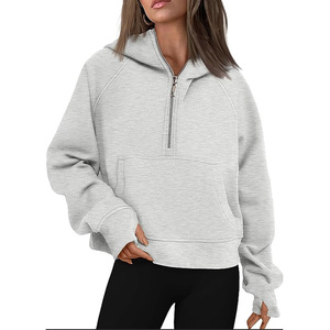 2023 femmes décontracté pull court polaire sweats respirant demi fermeture éclair sweats à capuche avec trou pour le pouce pour les tenues d'automne - Product Image 5