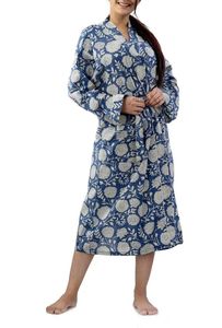 Women's Cotton Robe Blue Floral Printed Kimono Comfortable Casual Dress for Nightwear Bridesmaid Dressing Gown Beachwear - Product Image 6