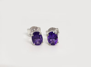 Amethyst Oval Cut <b>Stud</b> Earrings Children's Party Gift Wholesale Trendy Wedding Anniversary Rhodium-Plated Sterling <b>Silver</b> - Product Image 3