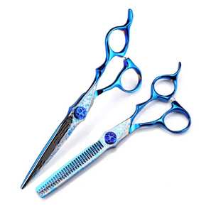 Juego de tijeras de corte de pelo de acero inoxidable con patrón de Damasco de cristal azul de alta calidad, 2 uds., tijeras de adelgazamiento compatibles con OEM - Product Image 1