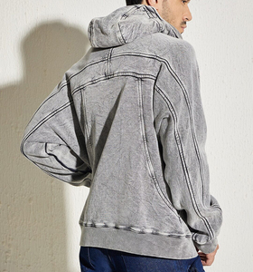 Custom Washed <b>Grey</b> Hoodie Distressed Embroidery 100% Cotton Fleece Gemstone Pearls Oversized Boxy Pullover Eco-Friendly Men - Product Image 2