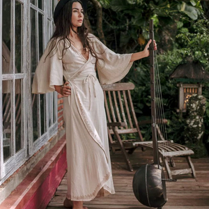 Vestido Maxi Bohemio de Mujer de Última Tendencia 2026, con Cuello en V, Manga Larga, Estilo Fluido y Cinturón, Elegante y Casual para Vacaciones y Resort - Product Image 1
