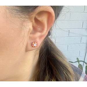 Navajo Handmade Beaded Flower Stud Earrings with Bezel Setting - Product Image 2
