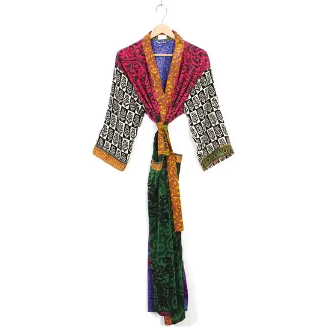 Kimono motif bunga jubah sutra seksi Kimono sutra tambal sulam Kimono Vintage sutra Sari Kimono pakaian pantai wanita