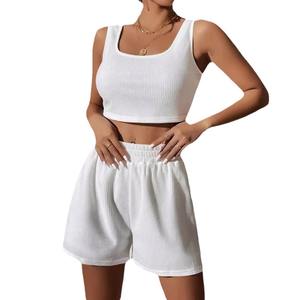 Nuevo conjunto de punto sin mangas de verano para mujer, pantalones cortos informales de Color sólido bonitos para jóvenes, traje de dos piezas a la moda - Product Image 6