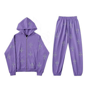 Ensemble 2 pièces élégant pour femmes 2024, couleur unie, haut zippé, ensemble de survêtement décontracté d'hiver assorti, 100% coton, respirant, écologique - Product Image 1