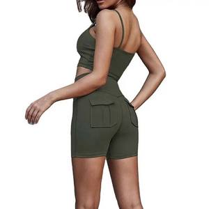 Hot selling 2023 Solid Color Crop Top Custom Logo Ladies Biker <b>Shorts</b> <b>and</b> <b>Bra</b> Two Piece <b>Set</b> Woman Spandex Polyester Material - Product Image 4