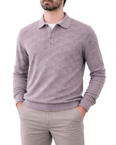 Suéter Polo de Punto Texturizado Personalizado para Hombre, Manga Larga, Cuello con Botones, Informal, para Invierno, Color Gris Malva, para Suministro al por Mayor - Product Image 1