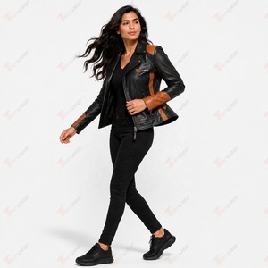 Women's Genuine Leather Moto <b>Jacket</b> Black With Brown Contrast Panels Zipper Closure Stand Collar Autumn Style - Product Image 2