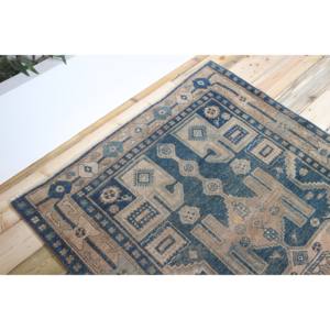 Tapis turc vintage 4,1x7 pieds, tapis en laine bleu et marron à motifs géométriques - Product Image 5