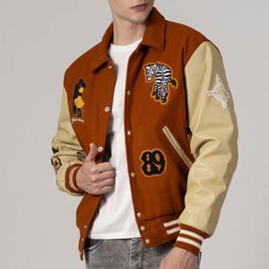 Blouson d'aviateur pour hommes avec logo personnalisé OEM 100% coton Vintage décontracté style Hip Hop col montant lettre manches en cuir - Product Image 4