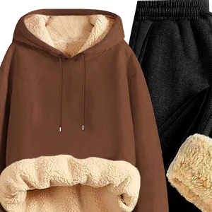 ชุดวอร์มฮู้ดดี้บุขนแกะสีน้ำตาลพร้อมกางเกงจ็อกเกอร์อุ่นๆ สำหรับผู้ชายและผู้หญิง เสื้อผ้ากีฬาลำลองหนานุ่มสำหรับฤดูหนาว ขายส่งแบบ OEM - Product Image 4