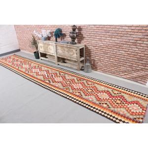 Vintage Turkish Kilim <b>Runner</b> Rug 2.9x15.3 ft, <b>Red</b> Check Rug Wool - Product Image 2