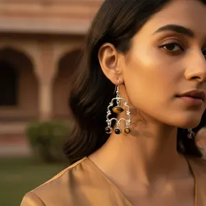 Boucles d'oreilles pendantes en argent 925 avec pierre précieuse œil de tigre pour femmes, clous plaqués or, perle, diamant, topaze, style mignon, chrétien, pour mariage - Product Image 2