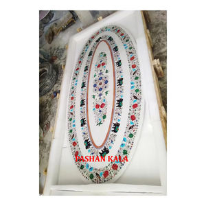 Dessus de table de forme ovale fait à la main en marbre blanc incrusté de finition fine pour salon et salle à manger grossiste et fournisseur - Product Image 1