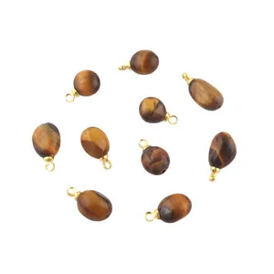 Fancy shape tumble gemstone real tiger's eye diy pendant connector brass gold plated top drilled single bail making connectors
