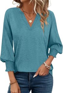 Tops de manga 3/4 con cuello en V para mujer, camisas casuales elegantes, blusa holgada bonita 2025 - Product Image 5