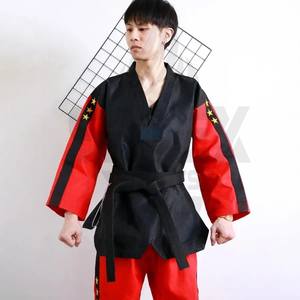 ชุดเทควันโดคุณภาพสูงแบบยูนิเซ็กซ์ ผ้าฝ้าย 100% คอสีดำ สำหรับผู้ใหญ่ ชุดฝึกซ้อมราคาประหยัด สไตล์ WTF พร้อมโลโก้สั่งทำด้านหน้า - Product Image 3