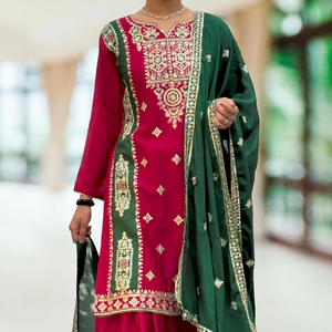 Collection lourde en pure soie chinnon avec haut de travail à broderie lourde et ensemble Dupatta entièrement cousu prêt à porter - Product Image 1