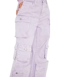 Lavender <b>Wide</b> <b>Leg</b> <b>Cargo</b> Pants Women High Waist Denim Trousers With Multi Pockets Casual Streetwear Manufacturer Supply OEM - Product Image 5