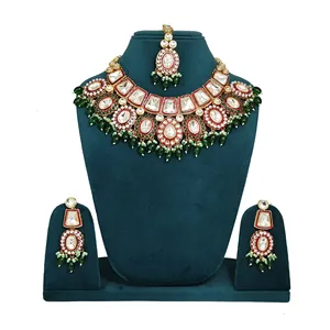 Conjunto de Joyería Nupcial Kundan Polki para Mujer, Collar de Aleación Chapado en Oro con Esmalte Rojo y Cuentas Verdes, Joyería Fina - Product Image 1