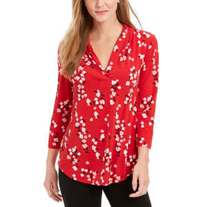 Camicetta da Donna Charter Club Rossa Taglia Large/XL, Stampa Floreale e Leopardata, Scollo a V Plissettato, Colletto Ricamato con Volant, Vestibilità Ampia in Chiffon Lavorato a Maglia - Product Image 1