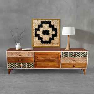 MANGO <b>WOODEN</b> ECO-FRIENDLY TRADITIONAL <b>TV</b> UNIT with LARGE CAPACITY MULTICOLOR DRAWERS and BRASS FINISHING - Product Image 1