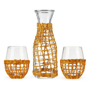 Island Wine Glasses with Carafe Set Stemless <b>Glassware</b> Featuring Handwoven Seagrass Wrap 16 Oz Drinking Glass & 37.5 Oz Carafe - Product Image 1