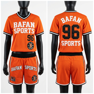 Ensemble court en jersey mesh pour femme, 150 GSM, polyester respirant, panneaux rayés orange et noir, logo personnalisé par sublimation, ensembles pour femmes - Product Image 6