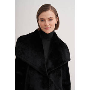 Abrigo de Piel de Chinchilla con Cuello Mao - Abrigo Largo de Cuero Genuino Negro Talla Grande - Product Image 5