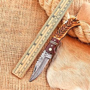 Couteau utilitaire à lame pliante en acier de Damas, manche en bois d'os, étui de transport vertical, poche EDC, chasse, camping, pointe de chute - Product Image 1