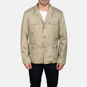 Spring Beige Canvas & Genuine Leather Zippered Safari <b>Jacket</b> with Water Proof & <b>Shearling</b> ODM Size XS Patterned - Product Image 4