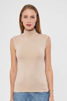 Venta al por mayor del fabricante: Top de punto de viscosa beige sin mangas con cuello simulado para mujer, ajuste regular, estilo casual básico.