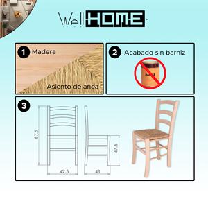 Sedia da pranzo rustica WELL HOME con seduta in paglia grezza, finitura non verniciata, 42,5x41x87,5 cm - Product Image 2