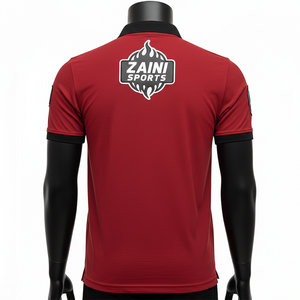 Camiseta polo para hombre, algodón poliéster piqué, 220 GSM, transpirable, rojo, negro, cuello, mangas, panel con rayas, logotipo con parche bordado personalizado - Product Image 3