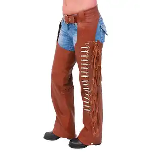 Color marrón motocicleta Chaps Plain Bikers montar pantalones vaquero Vintage cuero Chaps logotipo personalizado cuero CHAPS - Product Image 1