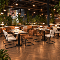 Ensemble de chaises et banquettes de restaurant industriel en cuir marron avec table en granit noir pour café, hôtel, bistrot